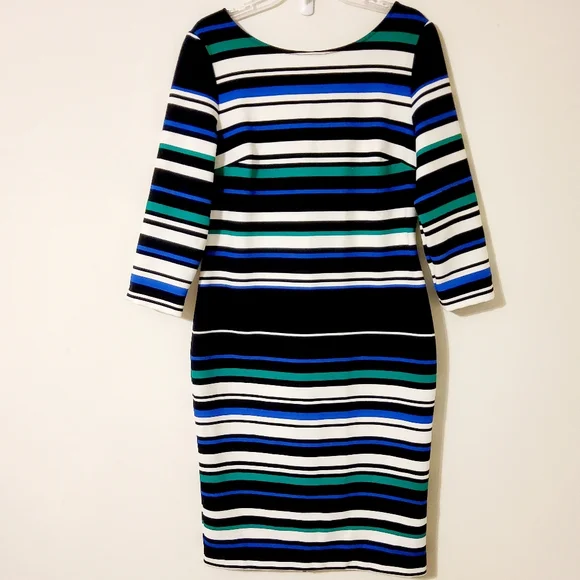 Beige by eci | Dresses | Beige By Eci Multi Colored Stripes 34 Sleeves  Sheath Dress Roundneck Size L | Poshmark